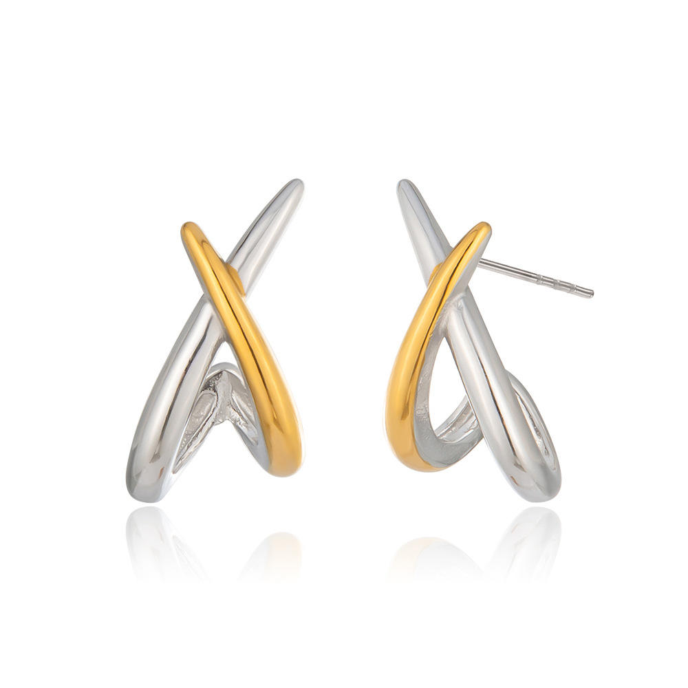 two‑tone stainless steel cross stud earrings for women